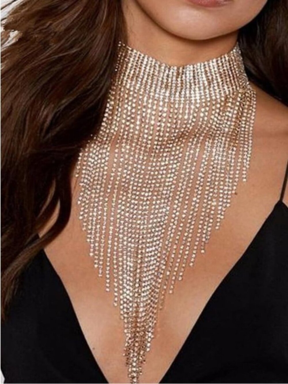 Gold Fringe Crystal Choker Necklace